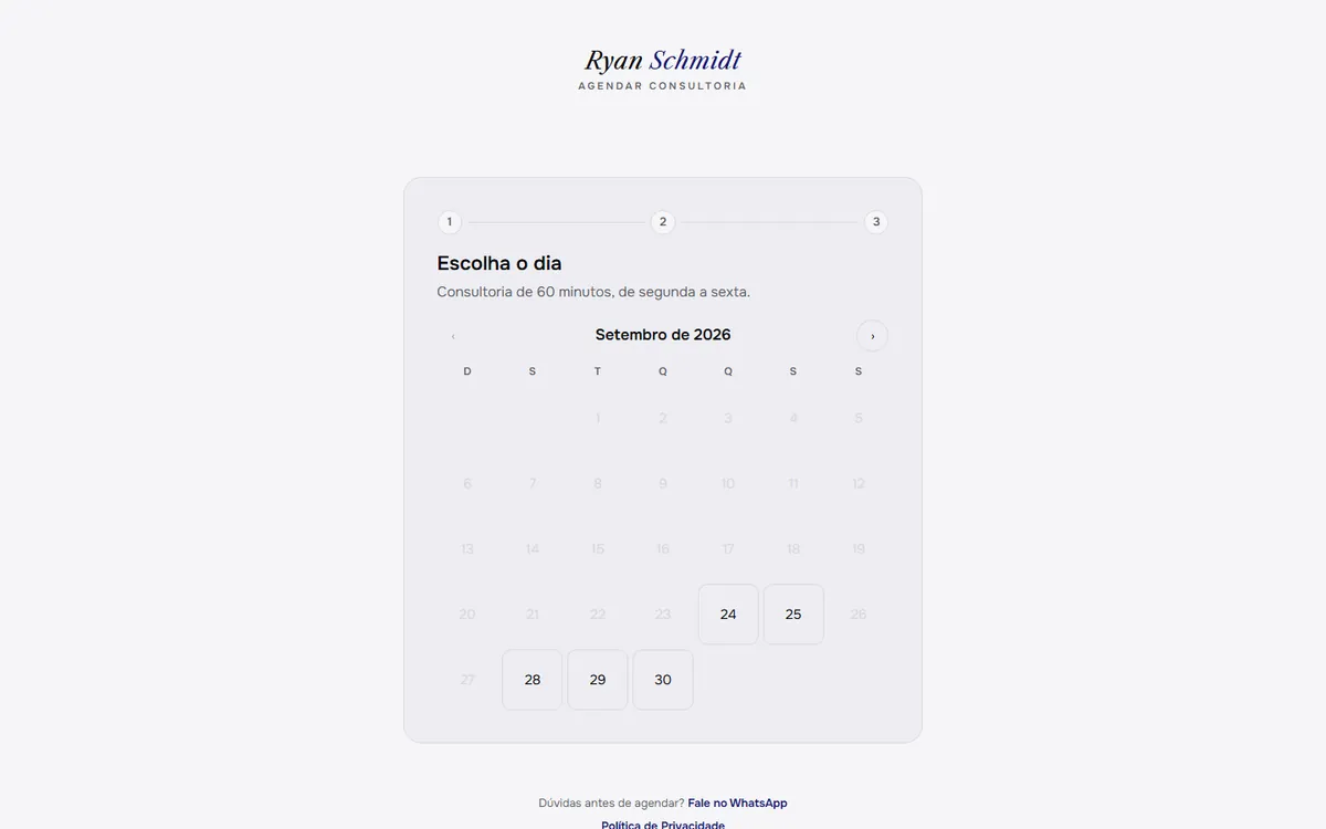Tela do sistema de agendamento com calendário do mês e os dias disponíveis para marcar