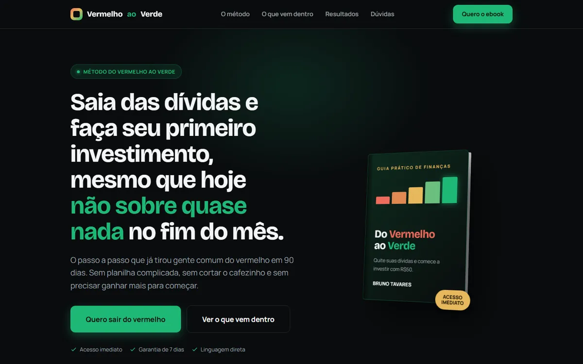 Topo da página de vendas conceitual do ebook Do Vermelho ao Verde, fundo escuro com verde