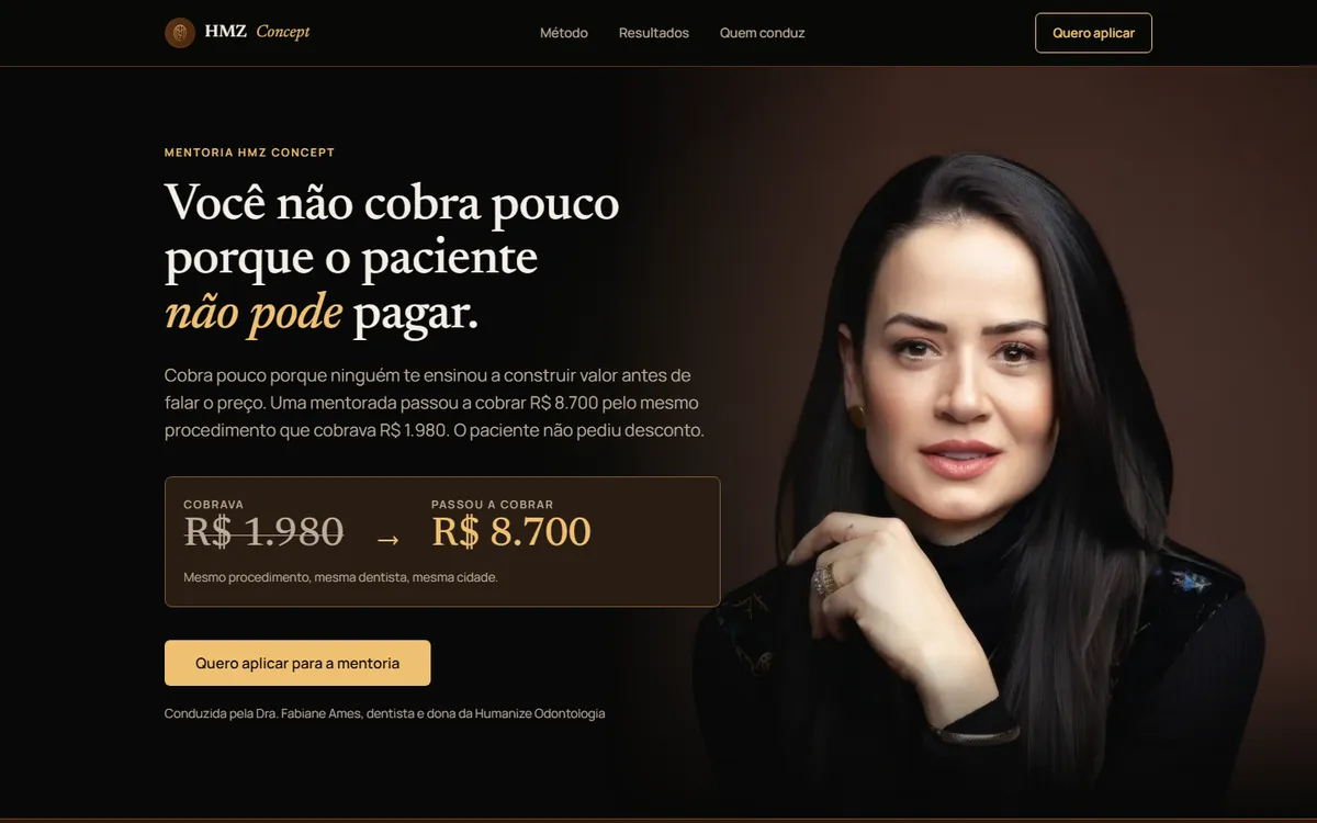 Topo da landing da Mentoria HMZ Concept, fundo escuro com dourado e foto da dentista mentora
