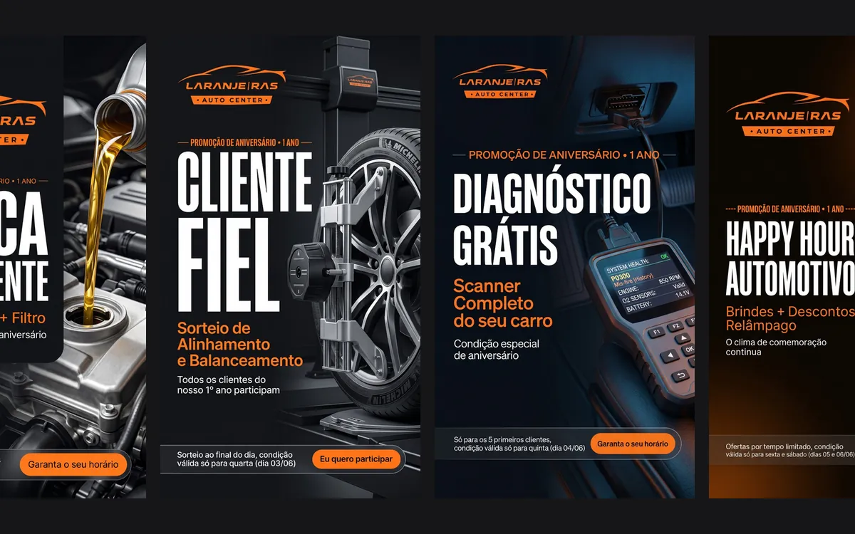 Quatro artes de story em laranja e preto da campanha de aniversário do Laranjeiras Auto Center