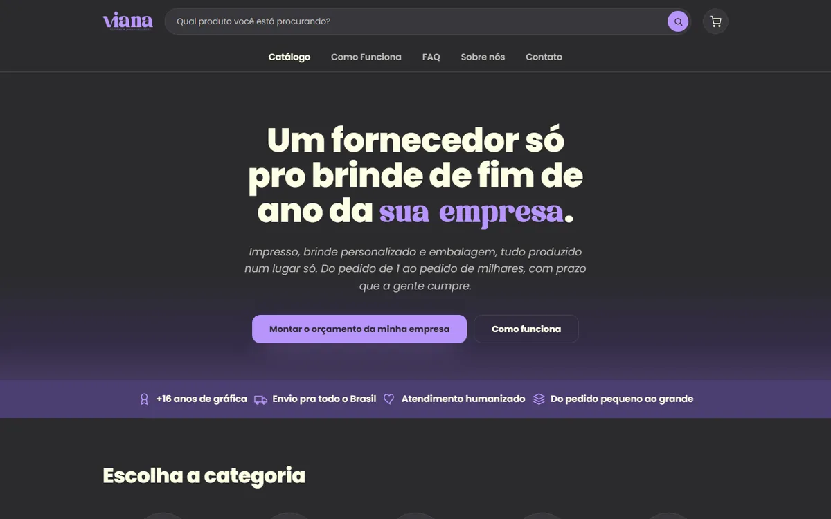 Topo do catálogo da Viana Criativa, com busca de produtos e o título sobre brinde de fim de ano